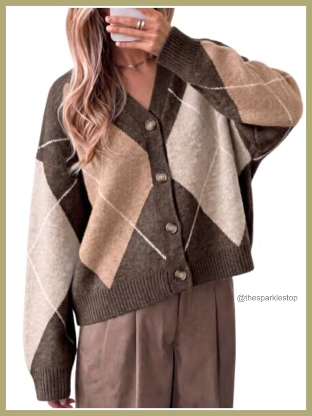 Plaid Argyle Color Block Cardigan V Neck Long Sleeve Knit Sweater